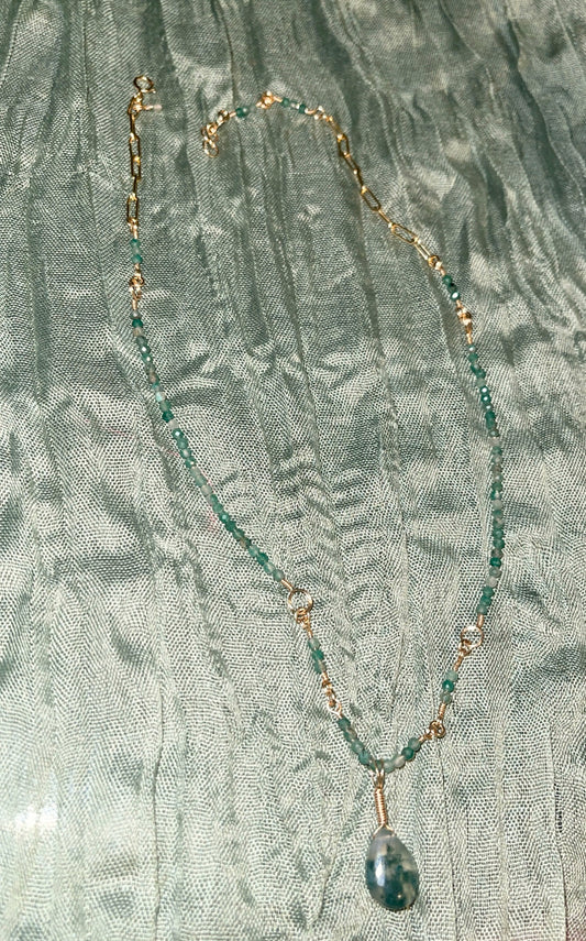 Moss Agate & Emerald 14k Gold Filled Necklace