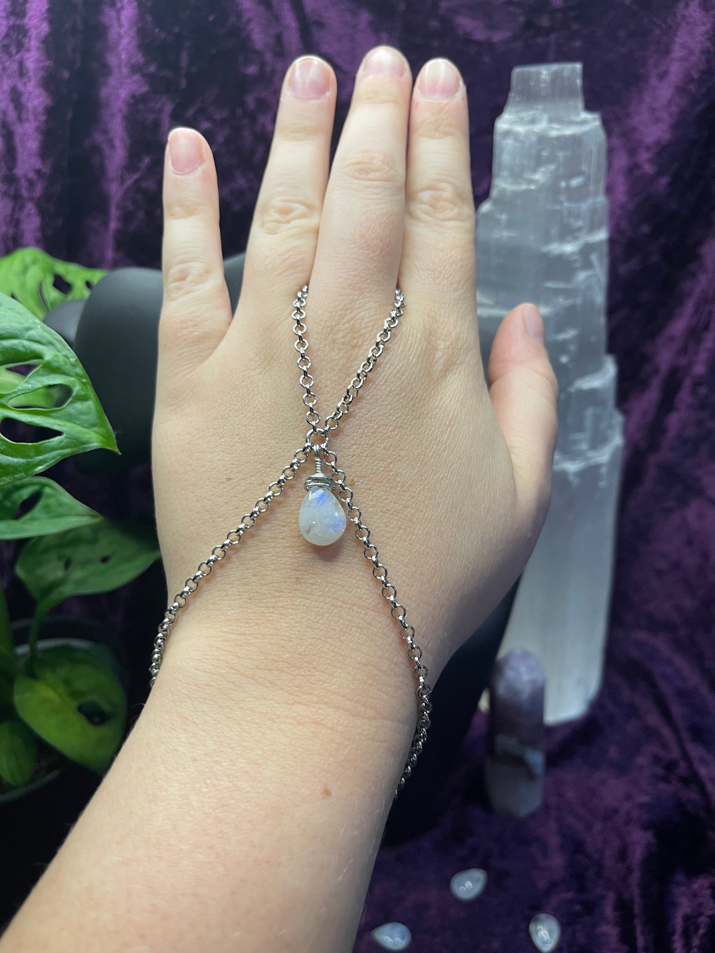 Moonstone Droplet & Silver Plated Hand Chain